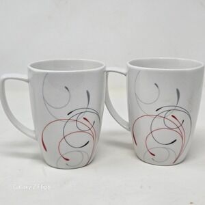 Corelle Coordinates Splendor Porcelain Coffee Mug Set White Red Black Grey Swirl